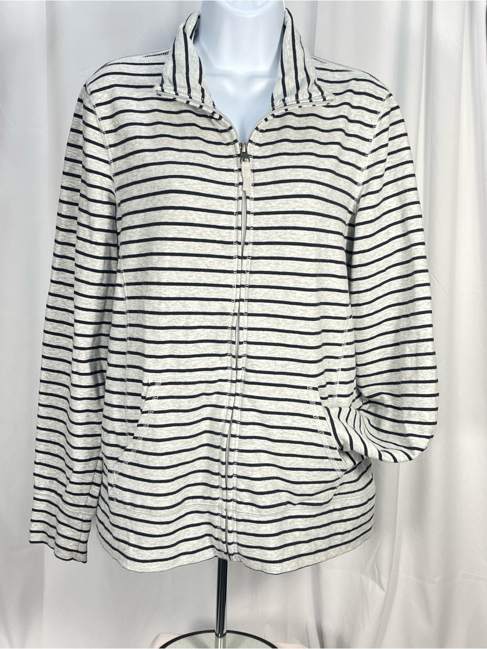 L.L. Bean Gray & Navy striped zip up jacket w/front pockets. Classic relaxed